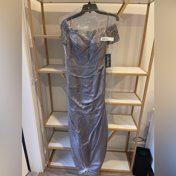 La Femme Off the Shoulder Beaded Satin Trumpet Gown - Picture 4 of 7